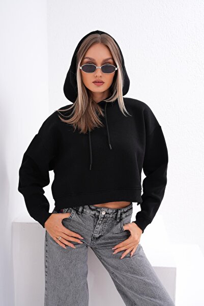 ŞİMAL Γυναικείο κοντό φούτερ με κουκούλα στο πλάι με λεπτομέρεια με τρεις κλωστές 245119   -