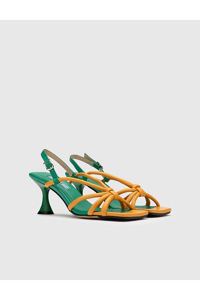 İLVİ Nega Genuine Leather Women's Mustard Green Heeled Sandals