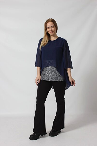 Moda Berray 4048 Şifon -Simli Dantel Kombinli Büyük Beden Bluz