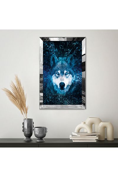 Zevahir Mobilya Dekorasyon Τραπέζι μονό MDF Blue-Eyed Wolf με ασημί καθρέφτη από πλεξιγκλάς