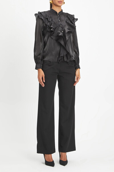 SERPİL Fırfırlı Düğmeli Ipeksi Hakim Yaka Siyah Gömlek 40158