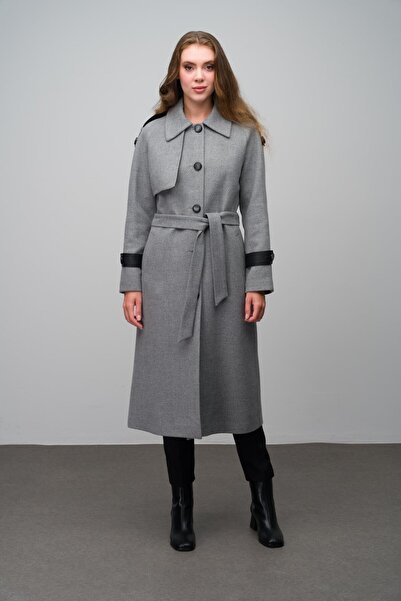 Olcay Gray Cashmere Coat - Genuine Leather, Waist Tied, Intermediate Size 3030-K