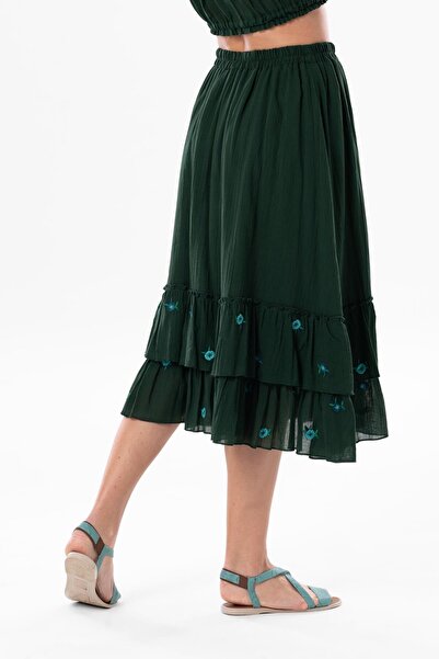 Eliş Şile Bezi Lavinya Voile Embroidered Long Summer Skirt Green Ysl