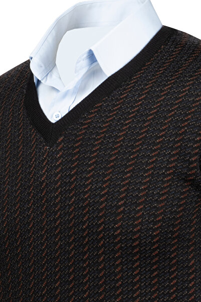 Çizgi Triko Men's V-Neck Stripe Knitwear Sweater - Patterned Sleeve and Waist Elastic, Steel Knit Classic Fit - 5010D