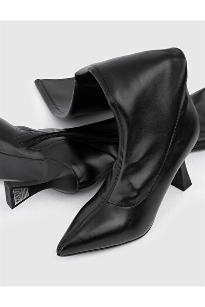 İLVİ Dart Hakiki Deri Kadın Siyah Streç Topuklu Çizme
