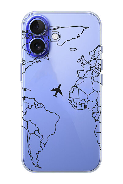 shoptocase iPhone 16 PLUS Uyumlu Çizgisel Harita Desenli Şeffaf Silikon Telef...