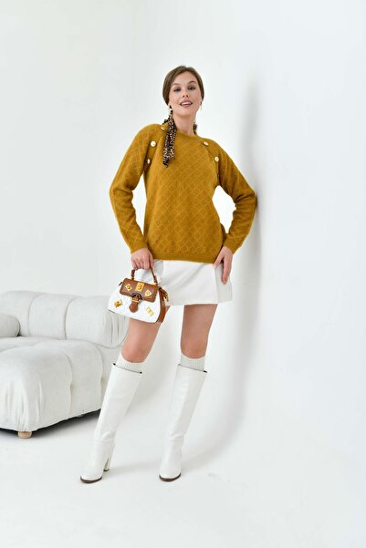 FTZ WOMEN Bluză de damă cu nasturi aurii cu detaliu muștar 20699