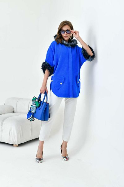 FTZ WOMEN Poncho pentru femei Ftz cu blană albastră Saks - 20701