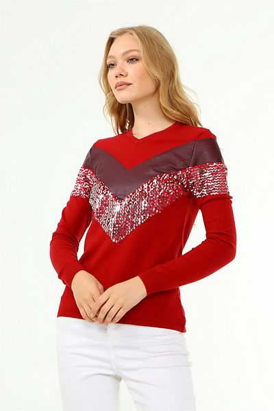 FTZ WOMEN Women's Front Print Detailed Sweater Red 21-1330