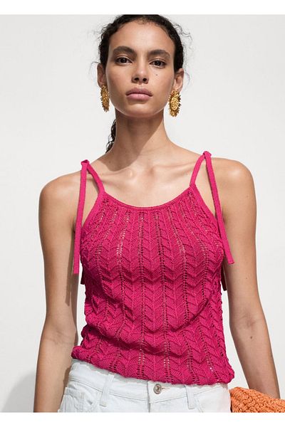 MANGO Woman Διάτρητη πλεκτή μπλούζα με λεπτομέρεια γραβάτα