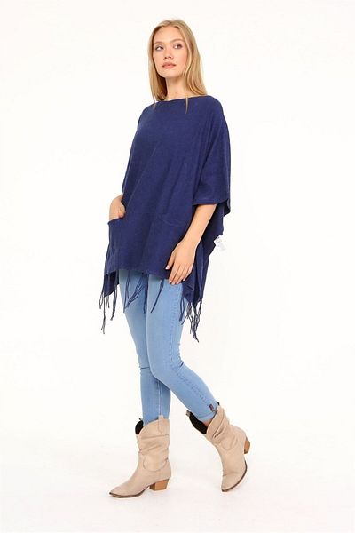 FTZ WOMEN Women's Tassel Detail Poncho Indigo 20-233