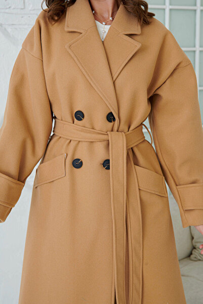 WOMAN VISION Μακρυμάνικο παλτό Midi Camel με διπλό στήθος γιακά και ζώνη - με επένδυση από τους ώμους 9001