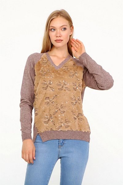 FTZ WOMEN Women's Plush Embroidered Knitwear Beige 21-1043