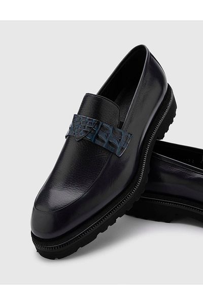 İLVİ Acacia Genuine Deer Buffalo Leather Men's Black Navy Blue Casual Shoes