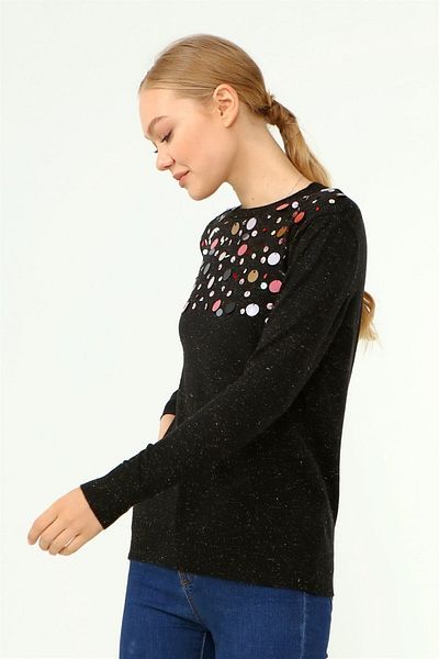 FTZ WOMEN Pulover de damă cu mărgele la piept negru 21-1355