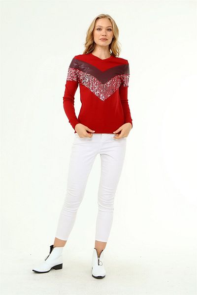 FTZ WOMEN Women's Front Print Detailed Sweater Red 21-1330