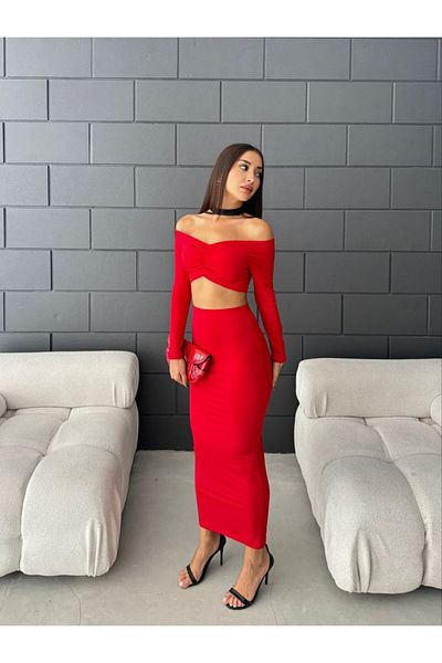 Fav Style Red Women's Crop Blouse and Long Skirt Set - Boat Neck, Long Sleeve, Drawstring