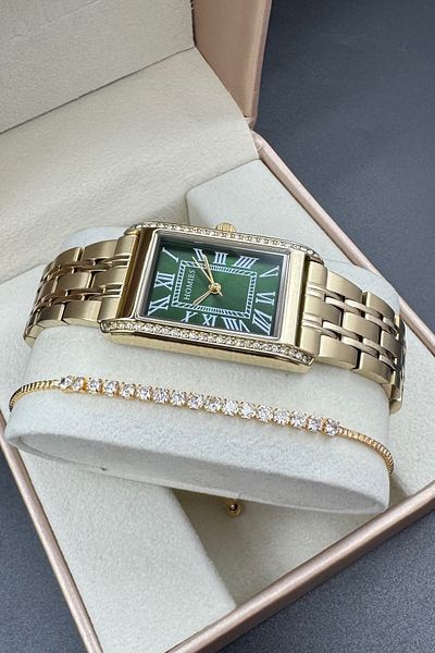 Homies Rectangular Stoned Women's Wristwatch Gold Color Green Dial Bracelet.