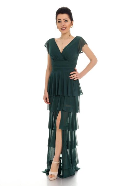 DORİDORCA 2040 KB Eteği Katkat Kruvaze Yaka Uzun Elbise