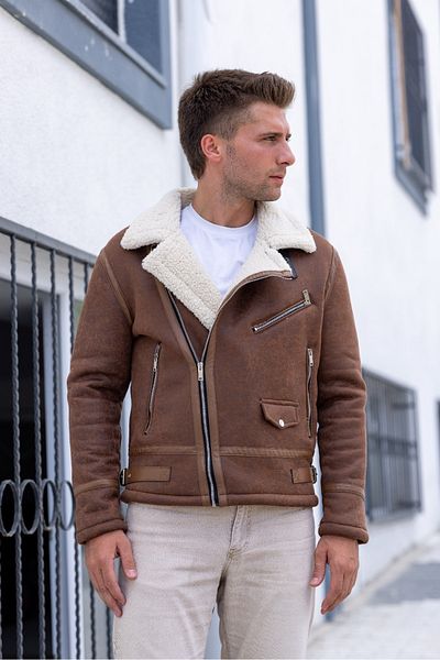 GOOD FASHION Men's Tan Full Fur Napa Leather North Model Coat