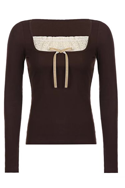 Köstebek Lace Ribbon Square Neck Vintage Blouse Sweatshirt