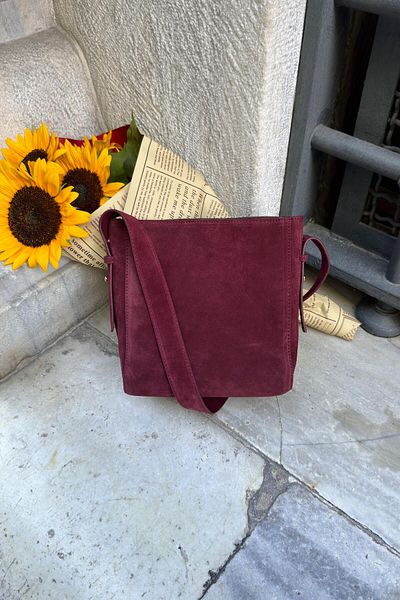 LEONAS Geantă de umăr reglabilă pentru femei din piele de căprioară, cu geantă pentru cățeluși, Camellia Claret Red