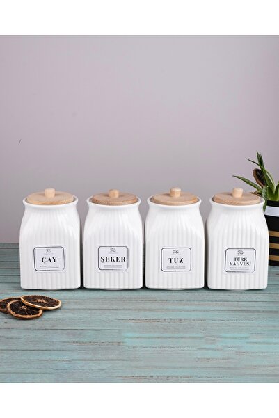 Pembelia Life 4’lü Bambu Kapaklı Porselen 750 ml Çay Şeker Türk Kahve Tuz Sak...