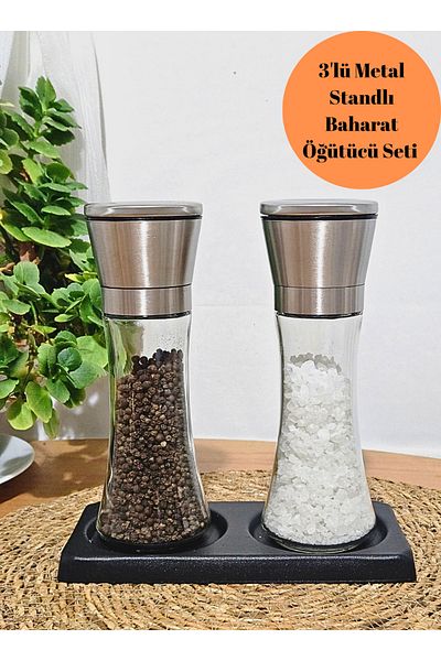 BRE HOME Long Spice Coffee Pepper Salt Spice Grinder Steel Lid with 3-Seat Metal Stand Glass Body