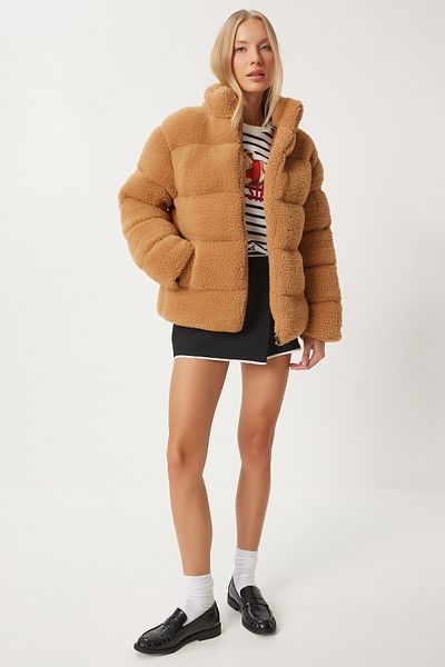 Happiness İstanbul Women's Tan Stand Collar Plush Puffer Jacket Qa00002