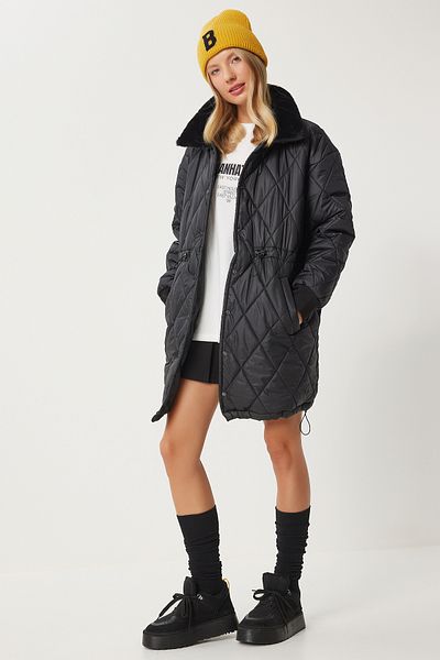 Happiness İstanbul Black Fur Collar Quilted Women's Coat - Pys0030