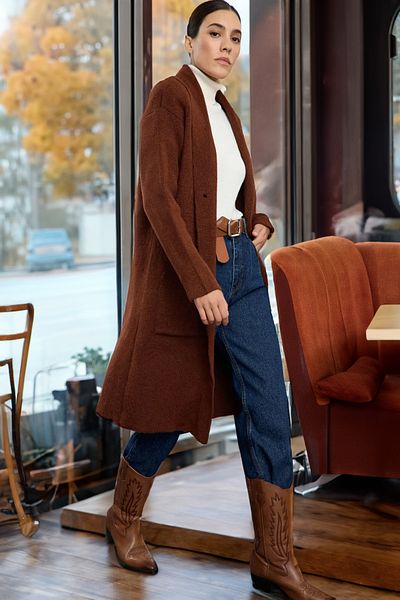 Trendyol Collection Long Coat Look Soft Knitwear Cardigan - Brown Twoaw25Hi00298