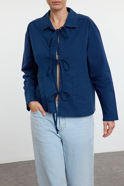 Edit by Trendyol Navy Blue Denim Jacket - with Tie Detail, TEDAW25CE00005