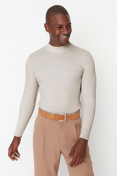 Trendyol Collection Ecru Slim Fit Baumwollpullover – halber Rollkragen, gerippter Strick TMNAW21KZ0568