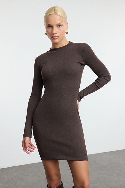 Trendyol Collection Stretchy Ribbed Knitted Mini Dress - Brown, Half Turtleneck Twoaw21El2244