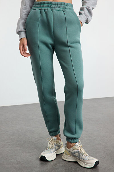 Trendyol Collection Khaki žebrované základní Jogger tlusté pletené tepláky s fleecem uvnitř TWOAW25EA00043