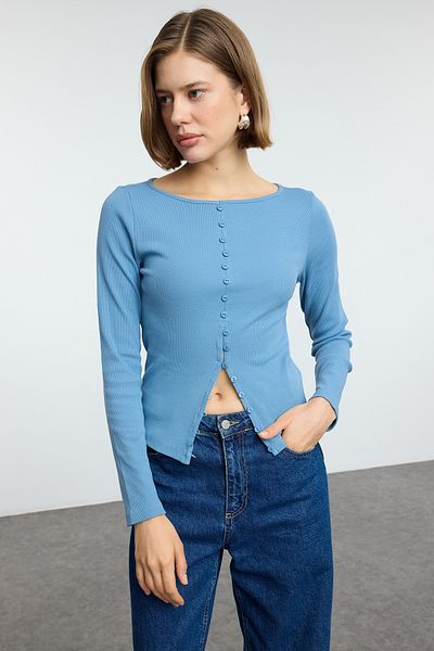 Trendyol Collection Flexible Corded Indigo Knitted Blouse - Crew Neck, Button Detail, Regular Size Twoaw25Bz00030