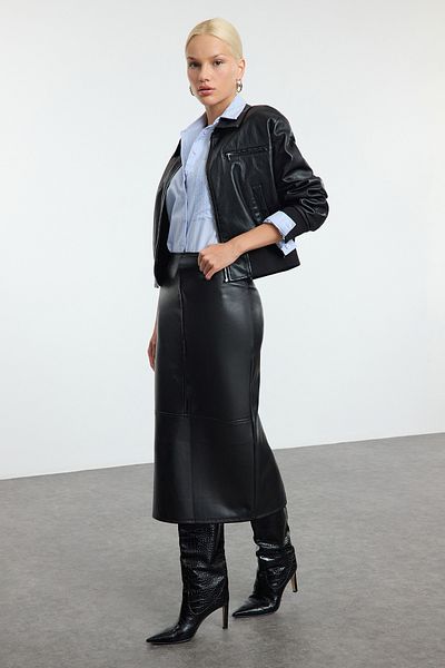 Trendyol Collection Fusta creion neagră cu fante cu talie înaltă - TWOAW25ET00090