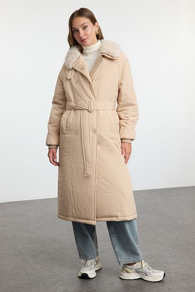 Trendyol Collection Голяма дълга парка от норка с плюшено деколте - колан и водоотблъскващо пухено палто Twoaw25Mo00096