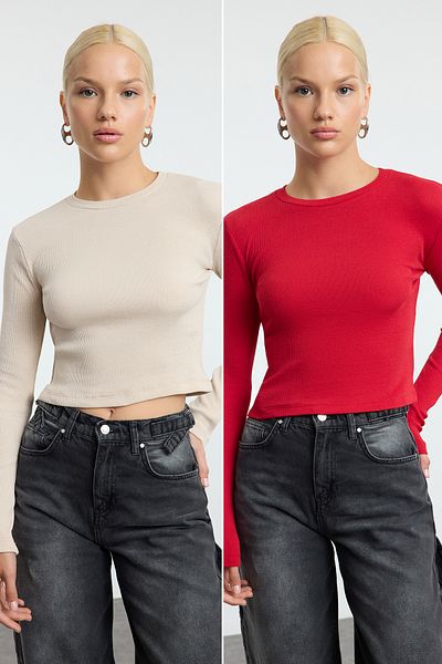 Trendyol Collection Crew Neck Corduroy Crop Blouse - Red and Stone Color, Stretch Knitted, Fitted 2 Pack Twoaw22Bz0331