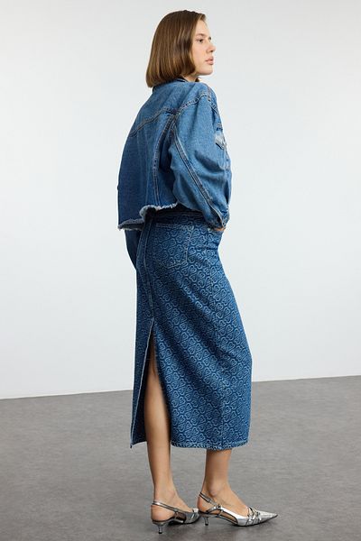 Trendyol Collection Fusta Midi Denim cu Motiv Jacquard Inimă Albastră TWOAW25ET00128