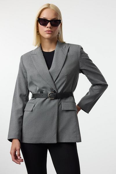 Trendyol Collection Tkaná bunda šedého saka - s páskem, Twoaw25Bc00017