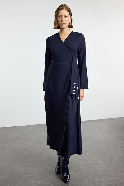 Trendyol Modest Sötétkék duplasoros galléros oldalsó nyakkendő részlet szőtt ruha TCTAW25EB00112