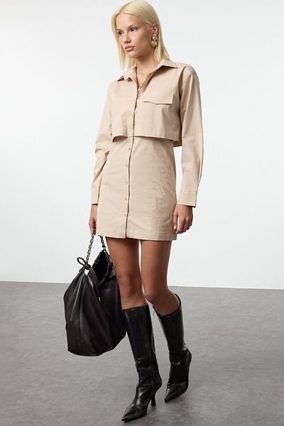 Trendyol Collection Μίνι φόρεμα Camel σε γραμμή Α - Λεπτομέρεια τσέπης, υφαντό, TWOAW25EL00495