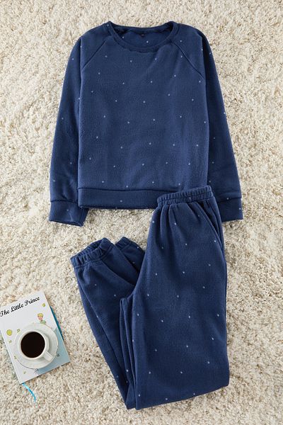 Trendyol Collection Marineblaues Polka Dot Fleece Winter-Strick-Pyjama-Set THMAW24PT00032