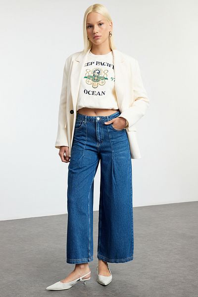 Trendyol Collection Blugi albaștri plisați cu talie înaltă cu picioare late TWOAW25JE00350