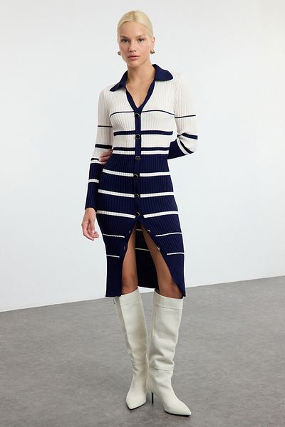 Trendyol Collection Πλεκτό φόρεμα Navy Blue Midi Block ριγέ - TWOAW25EL00015