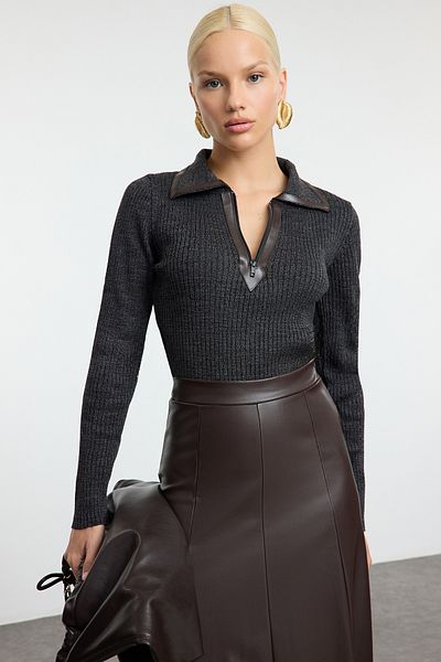 Trendyol Collection Corded Polo Collar Sweater - Anthracite, Twoaw25kz00302