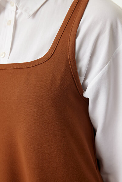 Trendyol Collection Καφέ Πλεκτό Φόρεμα Skater - Σχέδιο Gilet, Μοντέλο Άνοιγμα Μέσης Twoaw24el00245