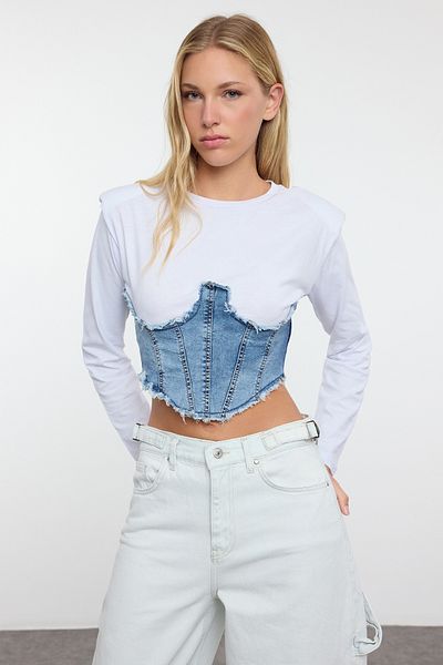 Trendyol Collection بلوزة محبوكة للجلوس باللون الأزرق - زخرفة منسوجة, Twoaw25Bz00235