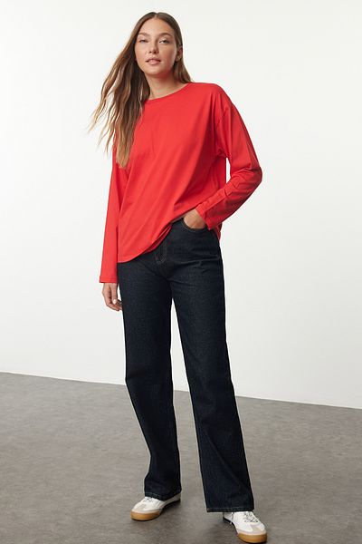 Trendyol Collection Piros 100% pamut Basic Crew nyakú, hosszú ujjú Oversize/Wide Fit kötött póló TWOAW24TS00013